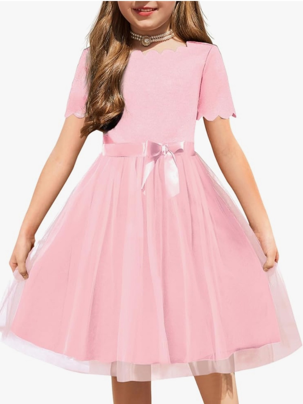 Girls' Pink Tulle Party Dress with Ribbon Waist